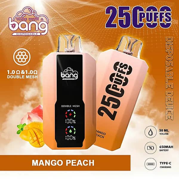 Bang 25000 Puffs Mango Peach Disposable Vape with dual mesh coils, 30ml e-liquid, 650mAh battery, and Type-C charging.