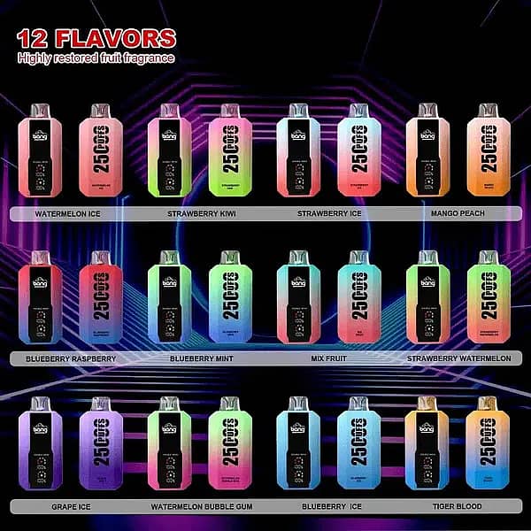 Bang 25000 Puffs Disposable Vape collection showcasing 12 flavors in colorful gradient designs, each with a sleek rectangular body, double mesh coil display, and flavor labels such as Watermelon Ice, Strawberry Kiwi, Mango Peach, and more.