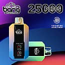 Bang 25000 Puffs disposable vape device with gradient yellow-blue and green-blue body, double mesh coil display, and mouthpiece design.