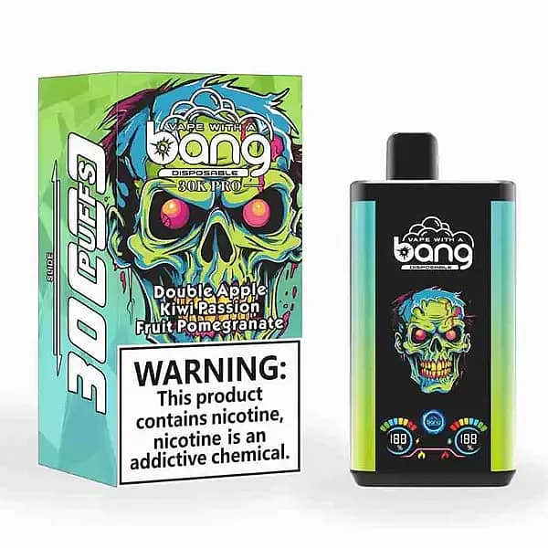 Bang 30K Pro disposable vape and box with neon skull art; flavor &ldquo;Double Apple &bull; Kiwi Passion Fruit &bull; Pomegranate,&rdquo; &ldquo;30K PUFFS,&rdquo; and a nicotine warning are shown.