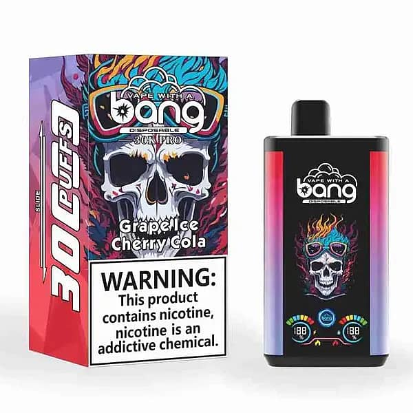 Bang 30K Pro disposable vape and retail box with neon skull art; flavor &ldquo;Grape Ice &bull; Cherry Cola,&rdquo; &ldquo;30K PUFFS,&rdquo; and a nicotine warning label.