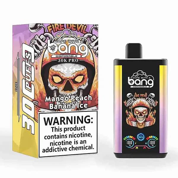 Bang 30K Pro disposable vape and box with &ldquo;Fire Devil&rdquo; skull artwork; flavor &ldquo;Mango Peach Banana Ice,&rdquo; &ldquo;30K PUFFS,&rdquo; and a large nicotine warning label.