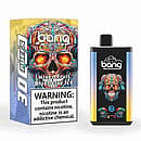 Bang 30K Pro disposable vape and box with colorful skull artwork; flavor &ldquo;Mixed Fruit Blueberry Ice,&rdquo; &ldquo;30K PUFFS&rdquo; callout, and a large nicotine warning label.