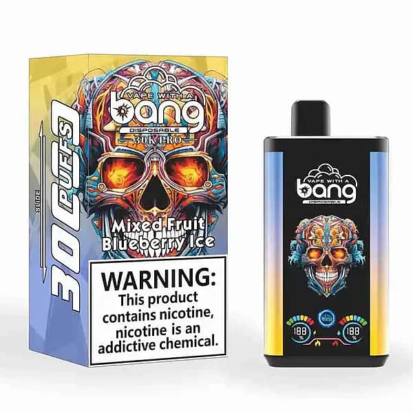 Bang 30K Pro disposable vape and box with colorful skull artwork; flavor &ldquo;Mixed Fruit Blueberry Ice,&rdquo; &ldquo;30K PUFFS&rdquo; callout, and a large nicotine warning label.