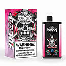 Bang 30K Pro disposable vape and box with skull &ldquo;Heavy Metal&rdquo; artwork; flavor &ldquo;Peach Ice Strawberry Watermelon,&rdquo; &ldquo;30K PUFFS&rdquo; banner, and a prominent nicotine warning label.
