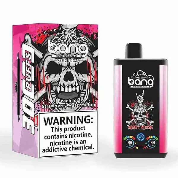 Bang 30K Pro disposable vape and box with skull &ldquo;Heavy Metal&rdquo; artwork; flavor &ldquo;Peach Ice Strawberry Watermelon,&rdquo; &ldquo;30K PUFFS&rdquo; banner, and a prominent nicotine warning label.