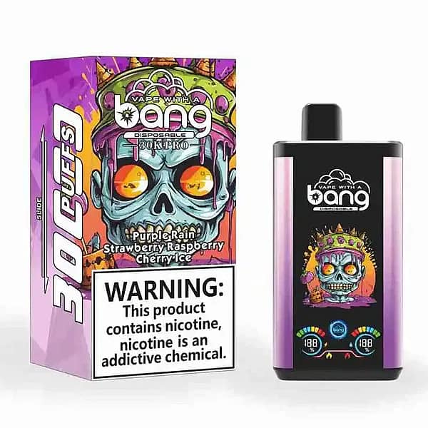 Bang 30K Pro disposable vape and box with a crowned skull graphic; flavor &ldquo;Purple Rain&mdash;Strawberry Raspberry Cherry Ice,&rdquo; &ldquo;30K PUFFS&rdquo; call-out, and a large nicotine warning.