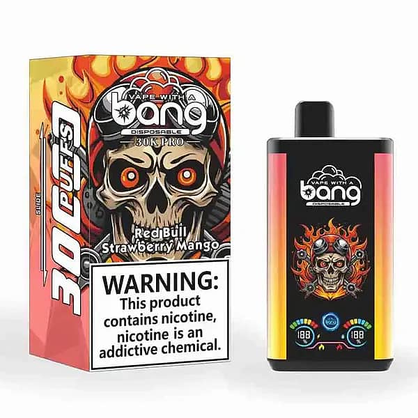 Bang 30K Pro disposable vape and box with flaming-skull artwork; flavor &ldquo;Red Bull &bull; Strawberry Mango,&rdquo; &ldquo;30K PRO&rdquo; branding, and a large nicotine warning.
