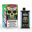 Bang 30K Pro disposable vape and box with neon skull artwork; flavor &ldquo;Sour Apple / Blueberry Raspberry,&rdquo; 30,000-puff branding, and a large nicotine warning.