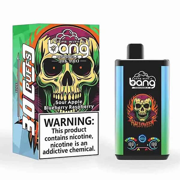 Bang 30K Pro disposable vape and box with neon skull artwork; flavor &ldquo;Sour Apple / Blueberry Raspberry,&rdquo; 30,000-puff branding, and a large nicotine warning.