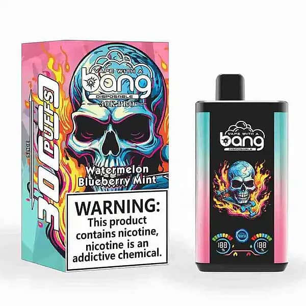 Bang 30K Pro disposable vape and box with flaming skull artwork; flavor &ldquo;Watermelon Blueberry Mint,&rdquo; 30,000-puff branding, and a large nicotine warning.