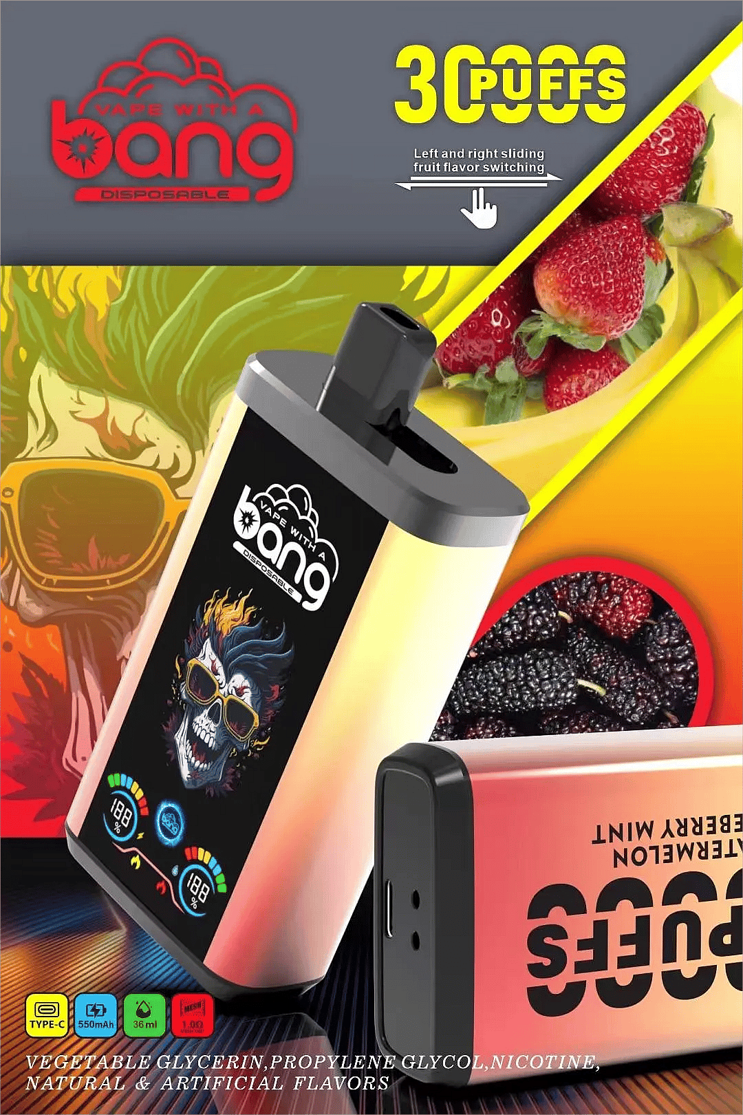 Bang 30K Pro disposable vape poster showing a gradient pink-orange device with skull artwork, &ldquo;30,000 PUFFS,&rdquo; dual-flavor left/right slider message, fruit images (strawberry, banana, mulberry), and spec icons for Type-C, 550 mAh, 36 ml, and 1.0 &Omega;.