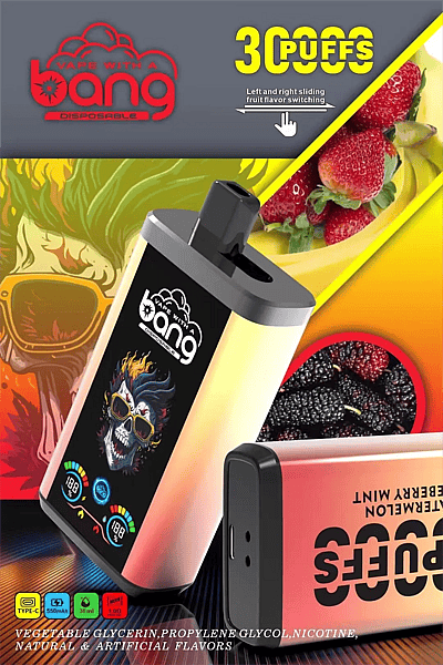 Bang 30K Pro Double Flavor – Einweg-E-Zigarette mit 30.000 Zügen – Hauptseite Plakat für den Einweg-Vape “Bang 30K Pro” mit einem Gerät in einem Rosa-Orange-Farbverlauf und Totenkopf-Motiv, „30.000 Züge“, Schieberegler für zwei Geschmacksrichtungen links/rechts, Fruchtbilder (Erdbeere, Banane, Maulbeere) sowie Symbole für Typ-C, 550 mAh, 36 ml und 1,0 Ω.