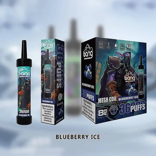 Bang Disposable Vape 36,000 Puffs in Blueberry Ice flavor, featuring mesh coil, rechargeable Type-C battery, and futuristic packaging with a fantasy warrior design.