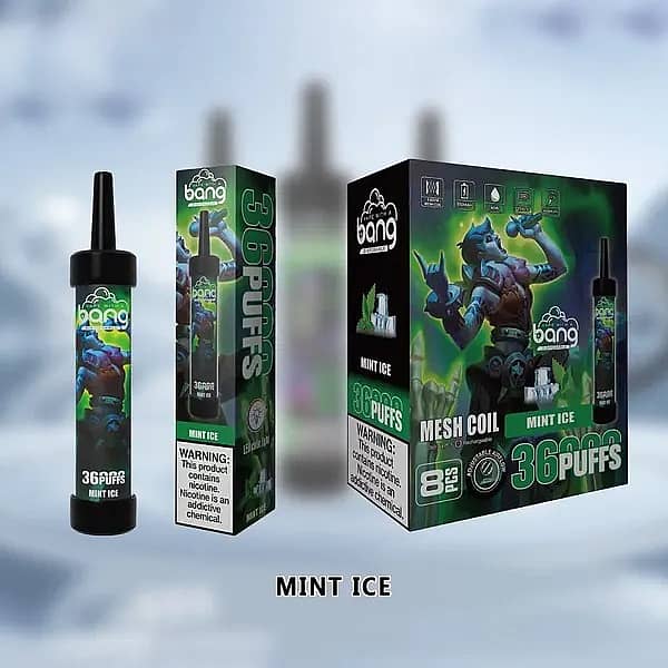 Bang 36000 Puffs Mint Ice disposable vape device, packaging box, and retail display featuring cool mint and ice-themed artwork.