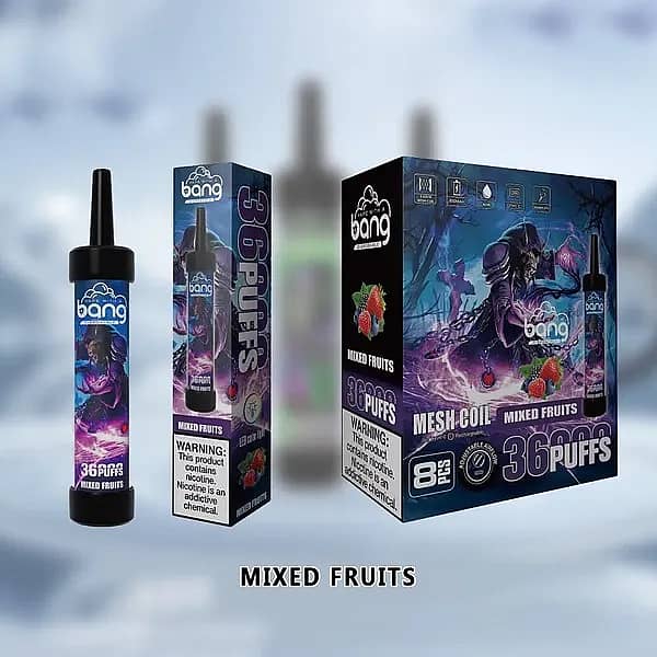 Bang 36,000 Puffs Mixed Fruits Disposable Vape &ndash; Mesh Coil, 8.2% Nicotine, with vibrant fruit flavor design packaging.