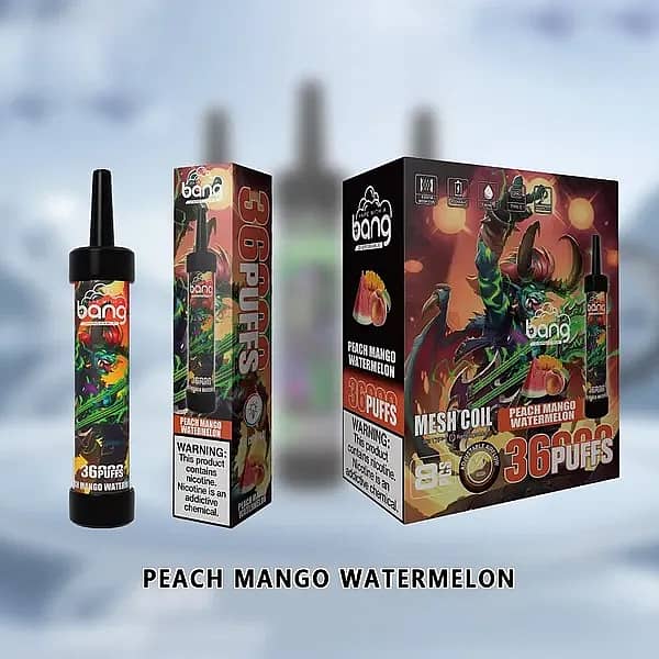 Bang 36000 Puffs disposable vape in Peach Mango Watermelon flavor, showing the vape device, packaging box, and fruity illustrations with vibrant colors.