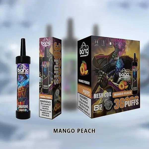 Bang 36000 Puffs Disposable Vape &ndash; Mango Peach flavor with mesh coil, packaging box, and device display.