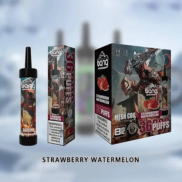 Bang 36000 Puffs Disposable Vape &ndash; Strawberry Watermelon flavor, featuring device, packaging, and box design with 36K puffs label.