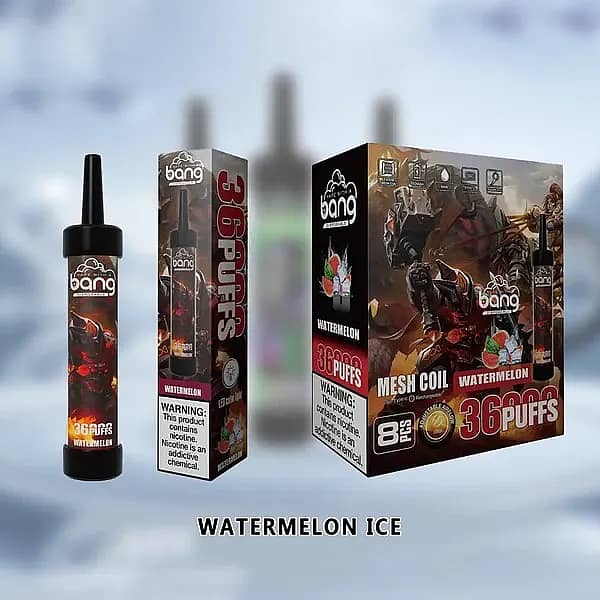 Bang 36000 Puffs Watermelon Ice Disposable Vape with packaging, including device, single box, and display carton.