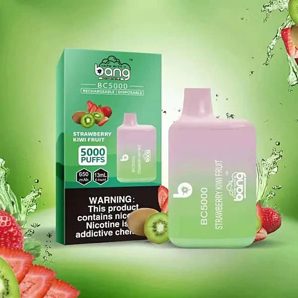 Bang BC5000 Strawberry Kiwi Fruit 5000 Puffs Rechargeable Disposable Vape &ndash; 13ml e-liquid, 650mAh battery, mesh coil, Type-C charging, fruity sweet and tangy flavor.
