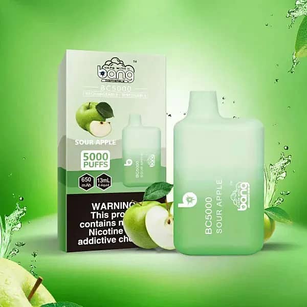 Bang BC5000 Sour Apple Disposable Vape &ndash; 5000 Puffs, 650mAh Rechargeable, 13ml E-liquid, Mesh Coil, Refreshing Crisp Apple Ice Flavor