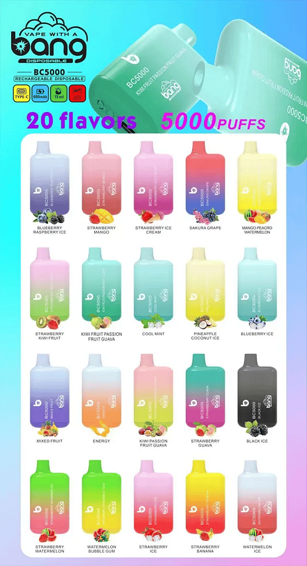 Bang BC5000 Disposable Vape &ndash; 20 flavors lineup, 5000 puffs, 650mAh rechargeable battery, 13ml e-liquid, Type-C charging, assorted colorful devices.