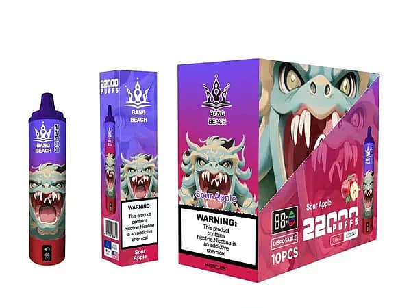 Bang Beach 22000 Puffs Disposable Vape Sour Apple flavor packaging set, including the vape device, retail box, and 10-pack carton with bold monster artwork.