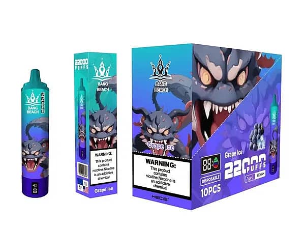 Bang Beach 22000 Puffs Disposable Vape Grape Ice flavor, featuring a dark purple monster design, single vape device, packaging box, and warning label.