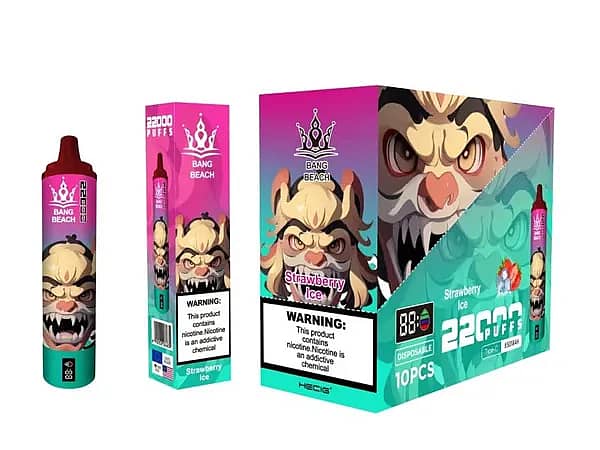Bang Beach 22000 Puffs Disposable Vape &ndash; Strawberry Ice flavor packaging with colorful monster design, device, single box, and 10-pack carton shown.