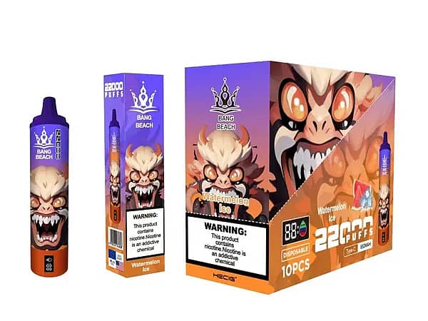 Bang Beach 22000 Puffs Disposable Vape &ndash; Watermelon Ice flavor packaging featuring bold monster artwork, vape device, and retail box with nicotine warning label.