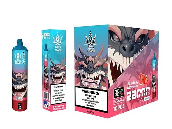 Bang Beach 22000 Puffs Disposable Vape Strawberry Watermelon flavor packaging set, including vape device, single pack, and 10-pack box with dragon artwork.