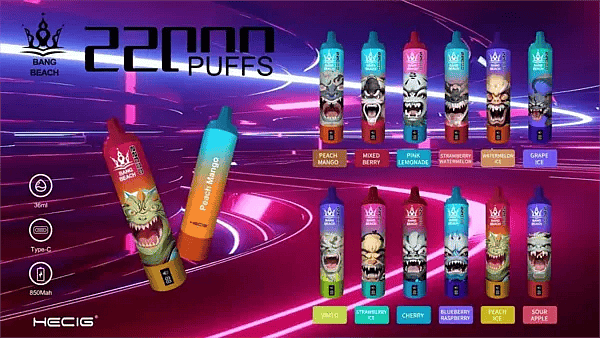 Bang Beach 22000 Puffs disposable vape lineup showcasing multiple flavors, each with unique monster-themed packaging design and vibrant colors.