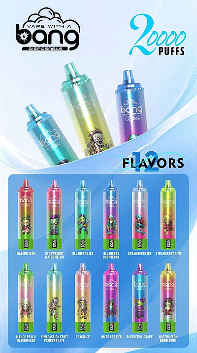 Bang Blaze 20000 Puffs Disposable Vape In 12 Flavors Including Watermelon, Blueberry Ice, And Kiwi Passion Fruit