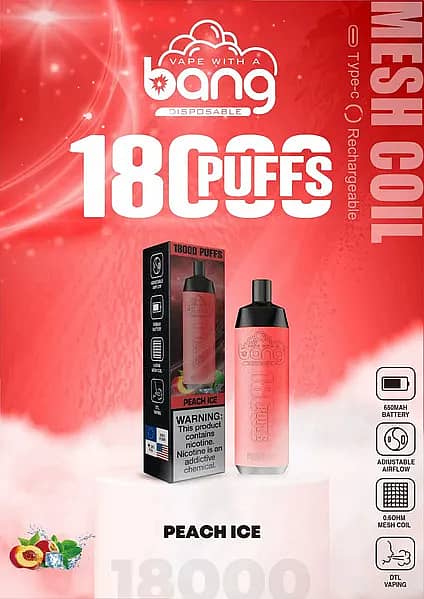 Bang Crown Peach Ice Disposable Vape &ndash; 18,000 puffs, rechargeable with adjustable airflow, 650mAh battery, 0.6&Omega; mesh coil, DTL vaping.