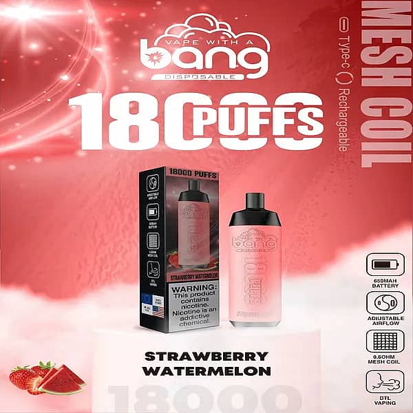Bang Crown 18000 Puffs Disposable Vape in Strawberry Watermelon flavor, featuring a pink gradient vape device and packaging with flavor imagery, highlighting 650mAh battery, Type-C charging, adjustable airflow, and mesh coil.