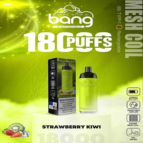 Bang Crown 18000 Puffs Disposable Vape &ndash; Strawberry Kiwi flavor with rechargeable Type-C design, adjustable airflow, 650mAh battery, and 0.6&Omega; mesh coil, featuring vibrant green packaging and vape device.
