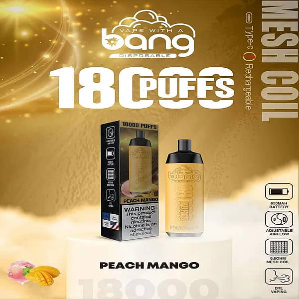 Bang Crown 18000 Puffs Disposable Vape in Peach Mango flavor, featuring product box and vape device on a golden background with peach and mango illustrations, highlighting 650mAh battery, adjustable airflow, 0.6&Omega; mesh coil, Type-C charging, and DTL vaping.