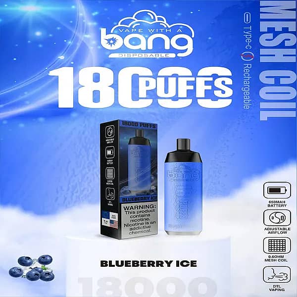 Bang Crown 18000 Puffs Disposable Vape &ndash; Blueberry Ice flavor, featuring a blue gradient vape device and matching box with product details, nicotine warning label, and flavor imagery.