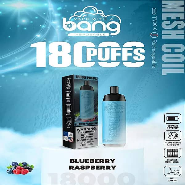 Bang Crown 18000 Puffs Disposable Vape &ndash; Blueberry Raspberry flavor, rechargeable with Type-C, featuring adjustable airflow, 650mAh battery, 0.6&Omega; mesh coil, and DTL vaping design. Includes product packaging and device image on a blue background with berry illustrations.