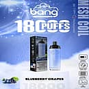 Bang Crown 18000 Puffs Disposable Vape in Blueberry Grapes flavor, featuring a sleek blue gradient design, packaging box, and icons for 650mAh battery, adjustable airflow, 0.6&Omega; mesh coil, and DTL vaping.