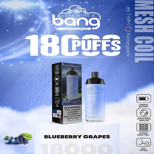 Bang Crown 18000 Puffs Disposable Vape in Blueberry Grapes flavor, featuring a sleek blue gradient design, packaging box, and icons for 650mAh battery, adjustable airflow, 0.6&Omega; mesh coil, and DTL vaping.