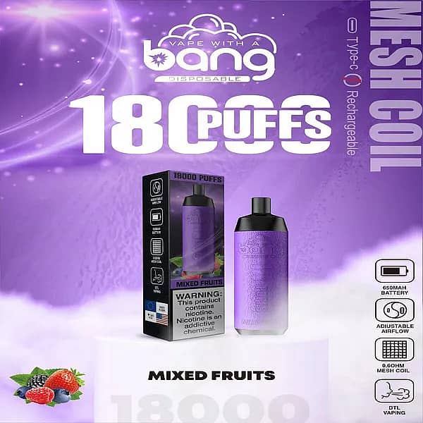 Bang Crown 18000 Puffs Disposable Vape in Mixed Fruits flavor, featuring a purple gradient body, matching packaging box, and icons highlighting a 650mAh battery, adjustable airflow, 0.6&Omega; mesh coil, and DTL vaping.
