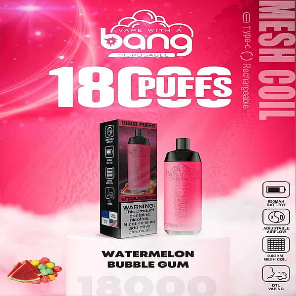 Bang Crown 18000 Puffs Disposable Vape &ndash; Watermelon Bubble Gum flavor, featuring the device and packaging, with bold text highlighting &ldquo;18000 Puffs,&rdquo; flavor image of watermelon and colorful bubble gum candies, and icons showing 650mAh battery, adjustable airflow, 0.6&Omega; mesh coil, and DTL vaping.