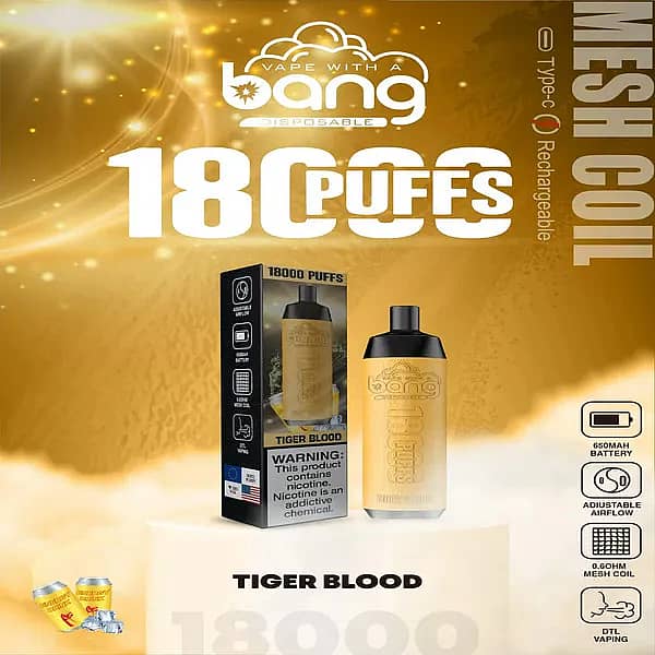 Bang Crown 18000 Puffs Disposable Vape in Tiger Blood flavor, featuring a gold gradient design with matching packaging, labeled with product specs: 650mAh battery, adjustable airflow, 0.6&Omega; mesh coil, Type-C rechargeable, DTL vaping, displayed on a golden background with energy drink and ice cube imagery.