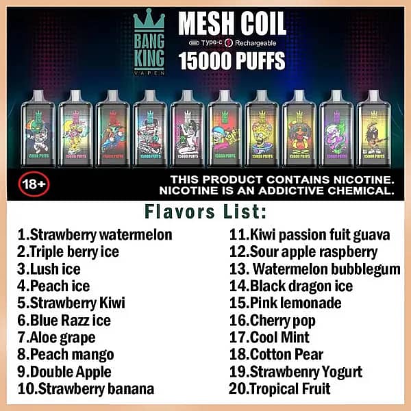 Bang King 15000 Puffs Disposable Vape &ndash; Pink Lemonade Flavor, Mesh Coil, 25ml E-liquid, Type-C Rechargeable, Long-lasting Nicotine Vape