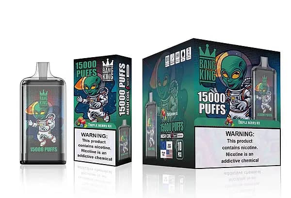 Bang King 15000 Puffs Disposable Vape &ndash; Triple Berry Ice flavor with mesh coil, 25ml e-liquid, and Type-C rechargeable design.