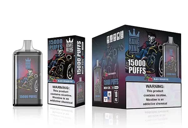 Bang King 15000 Puffs Disposable Vape &ndash; Black Dragon Ice flavor, mesh coil, 25ml e-liquid, Type-C rechargeable, bold skeleton biker design on packaging.