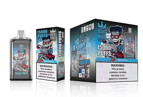 Bang King 15000 Puffs Disposable Vape &ndash; Blue Razz Ice flavor, featuring mesh coil technology, 25ml e-liquid, rechargeable via Type-C, with vibrant cartoon racer design packaging.