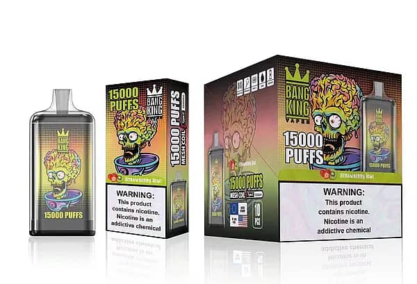 Bang King 15000 Puffs Disposable Vape &ndash; Strawberry Kiwi flavor, featuring bold graffiti-style zombie artwork, 25ml e-liquid, mesh coil technology, and Type-C rechargeable design.